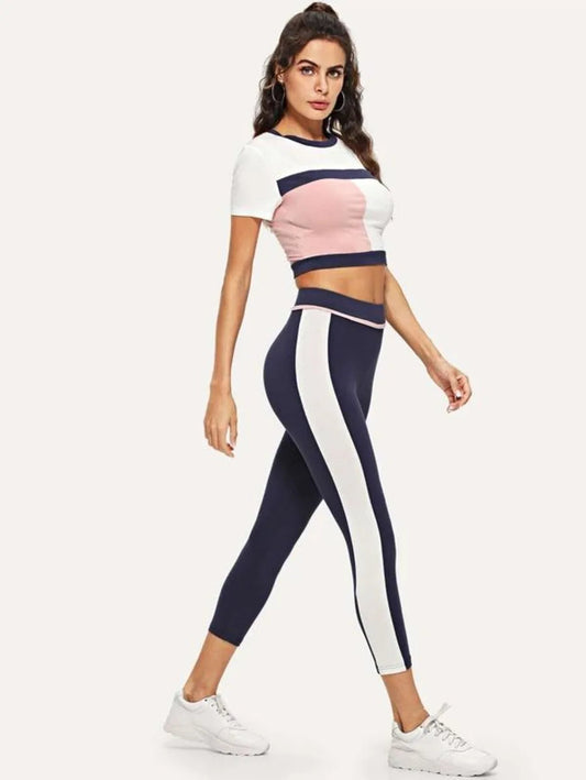 Color Block Crop Tee & Leggings Set Periwinkley Shop