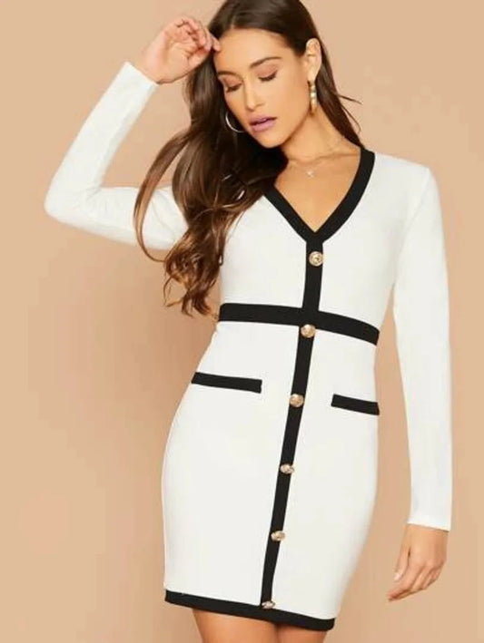 gold button detail contrast trim pencil dress Periwinkley Shop