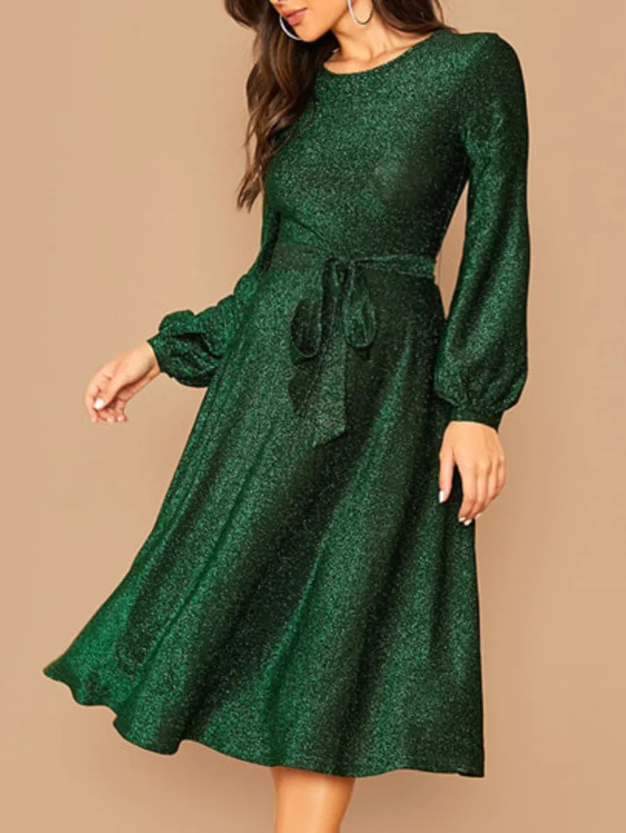 Self Belted Balloon Sleeve Glitter Midi Dress Periwinkley Shop