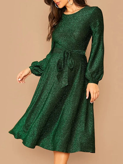 Self Belted Balloon Sleeve Glitter Midi Dress Periwinkley Shop