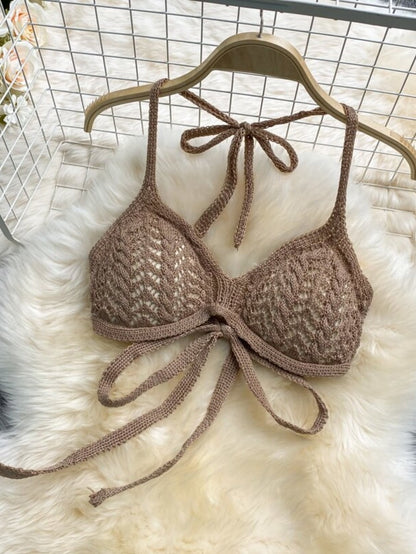 Beach hollow knit halterneck tube top top and  high waist casual pants Periwinkley Shop