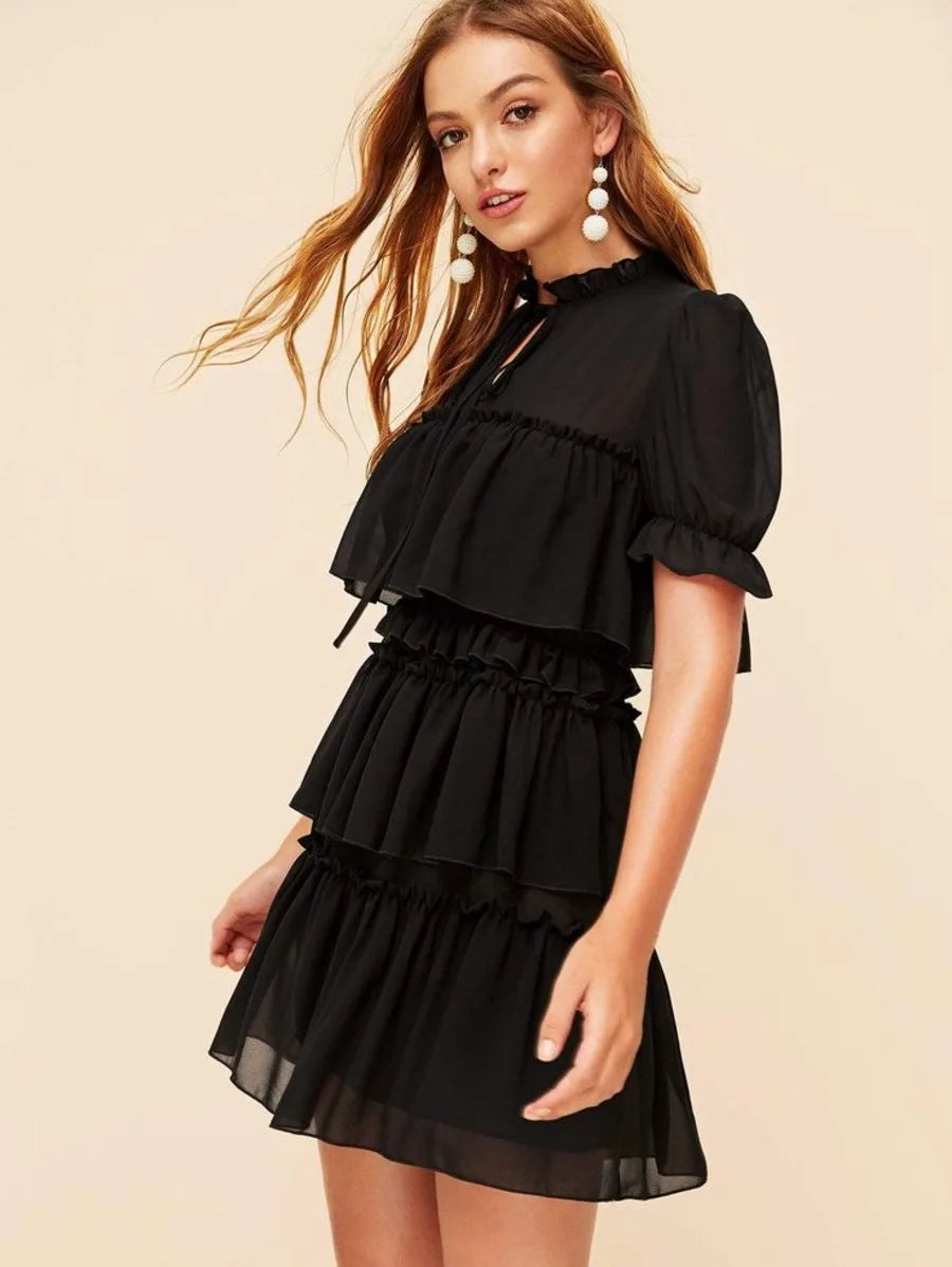 Tie Neck Ruffle Trim Layered Mesh Dress Periwinkley Shop