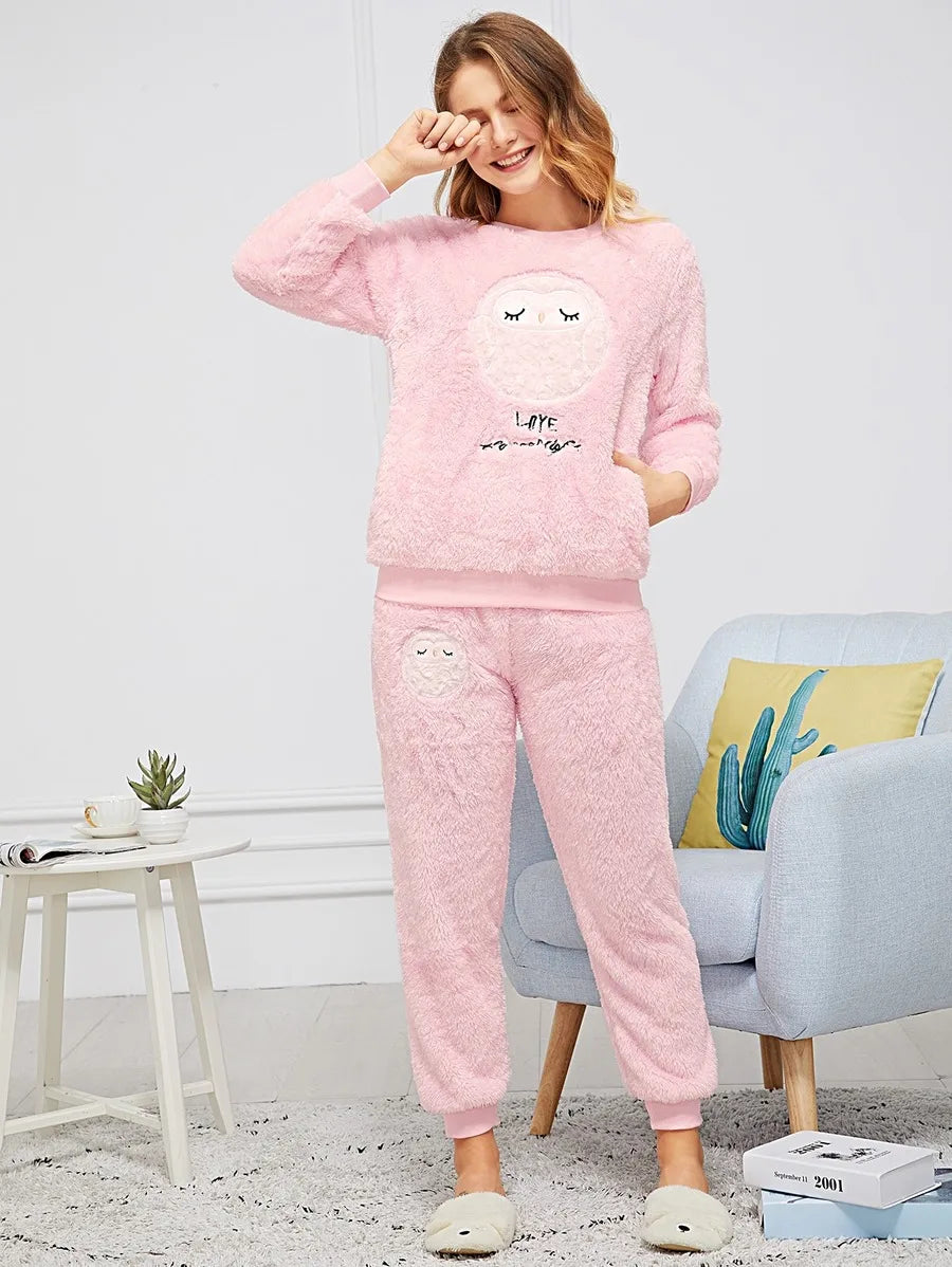 Owl & Letter Embroidered Plush Pajama Set Periwinkley Shop