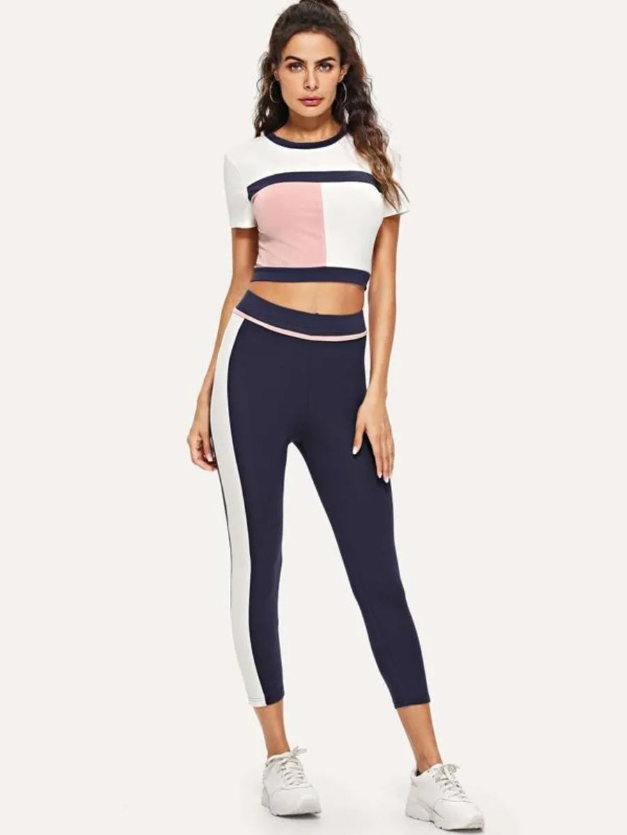 Color Block Crop Tee & Leggings Set Periwinkley Shop