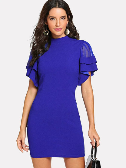 Layered Flutter Sleeve Buttoned Keyhole Back Dress Periwinkley Shop