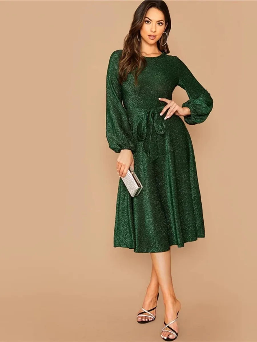 Self Belted Balloon Sleeve Glitter Midi Dress Periwinkley Shop