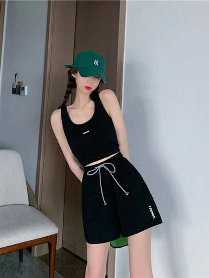 Yedinas Sports Outfits Set Vest Crop Tops And Biker Shorts- Black Periwinkley Shop