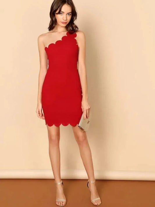 One Shoulder Scallop Trim Bodycon Dress Periwinkley Shop