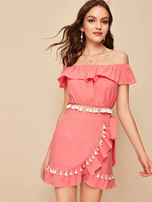 Tassel Trim Bardot Top & Wrap Skirt Set Periwinkley Shop