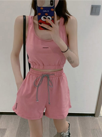 Yedinas Sports Outfits Set Vest Crop Tops And Biker Shorts- Pink Periwinkley Shop
