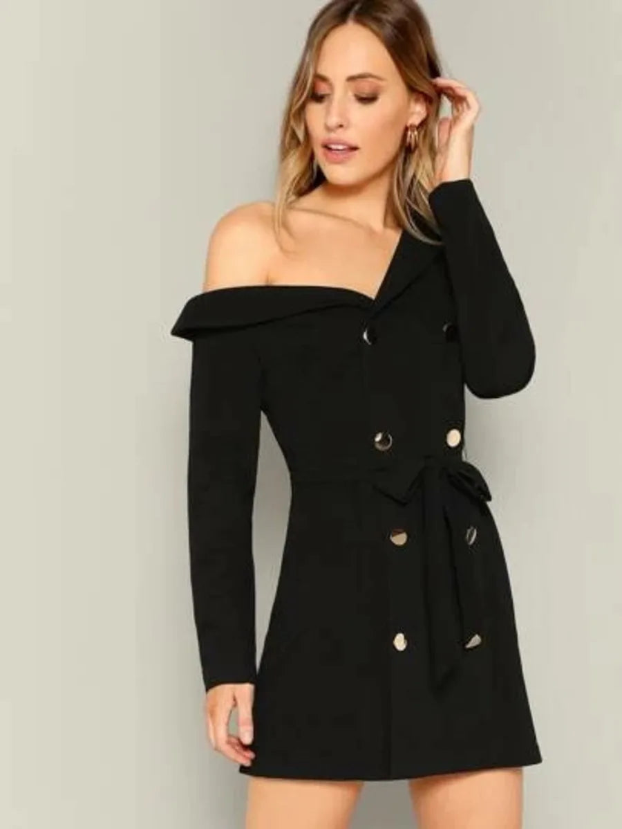 Asymmetrical Neck Double Breasted Blazer With Belt Periwinkley Shop