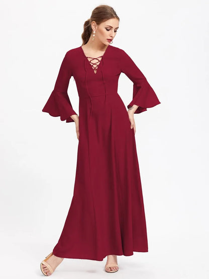 lace up front fluted sleeve hijab evening dress Periwinkley Shop