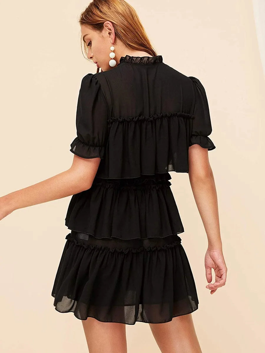 Tie Neck Ruffle Trim Layered Mesh Dress Periwinkley Shop
