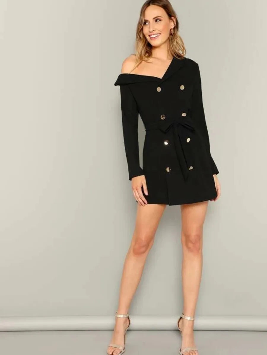 Asymmetrical Neck Double Breasted Blazer With Belt Periwinkley Shop