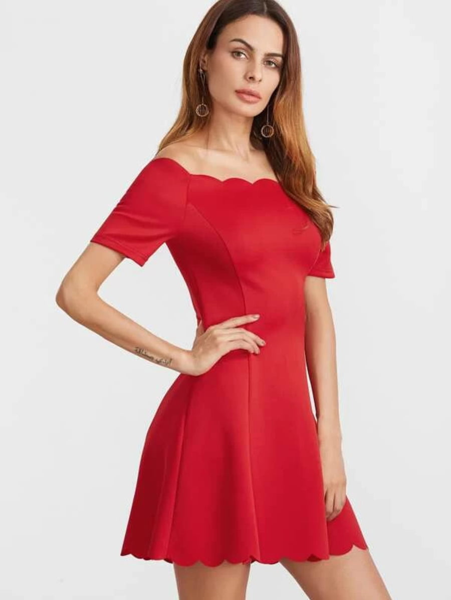 scallop edge bardot neckline fit and flare dress Periwinkley Shop