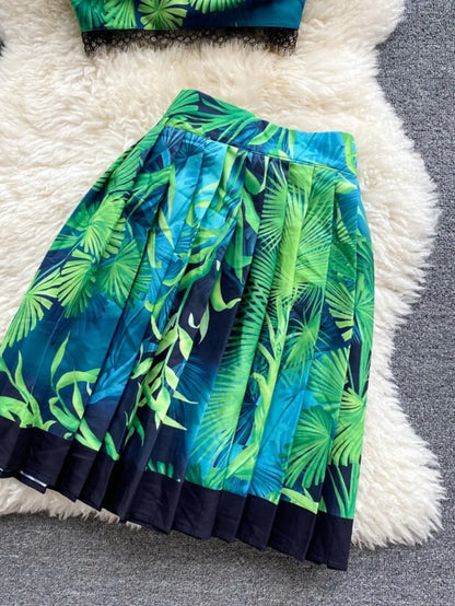 Two Piece Set Sexy Print Crop Top With Pleated Skirt Periwinkley Shop