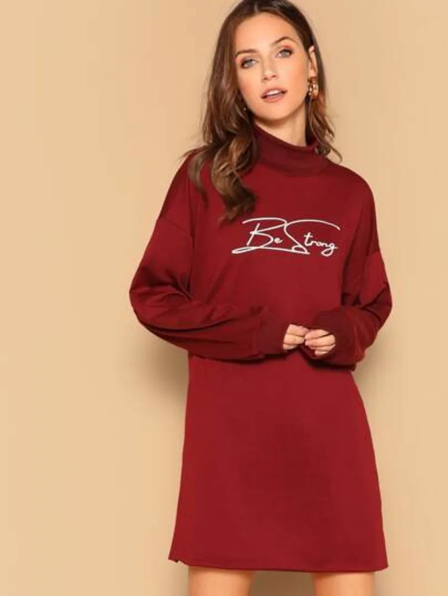 letter print high neck raw hem longline pullover Periwinkley Shop