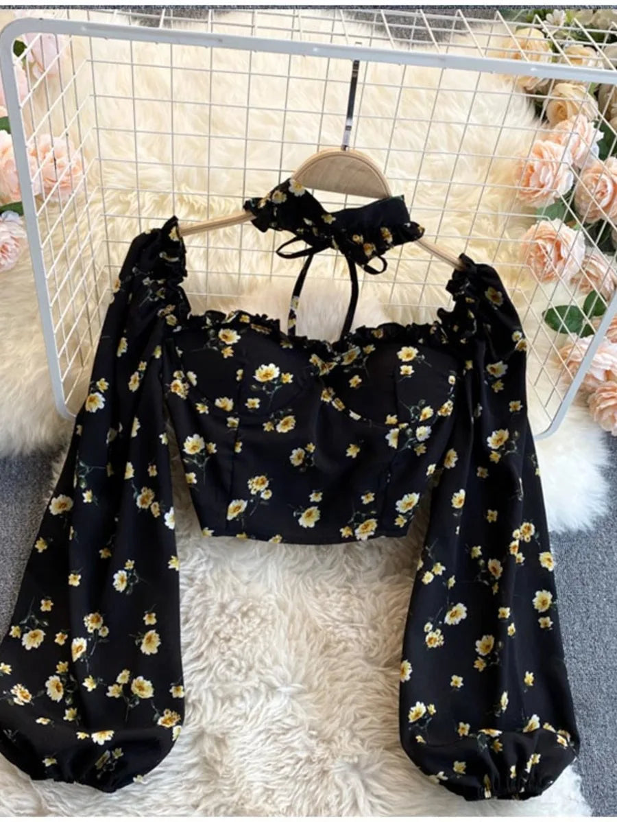 Floral puffsleeve choker halter top Periwinkley Shop