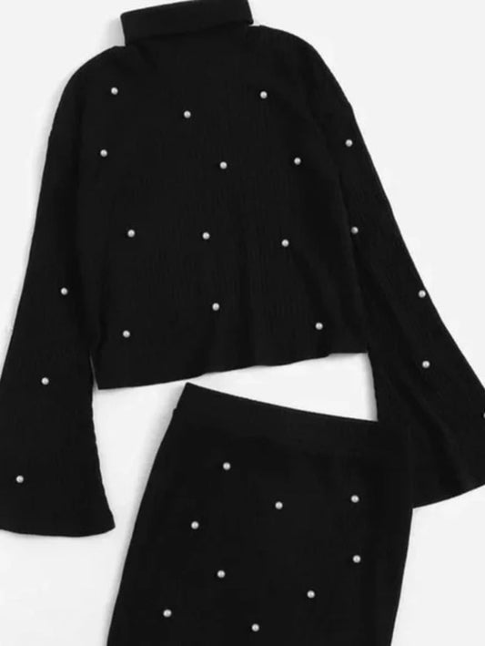 Unity Pearl Beaded Lettuce Edge Rib-knit Tee and Pencil Skirt Set Periwinkley Shop