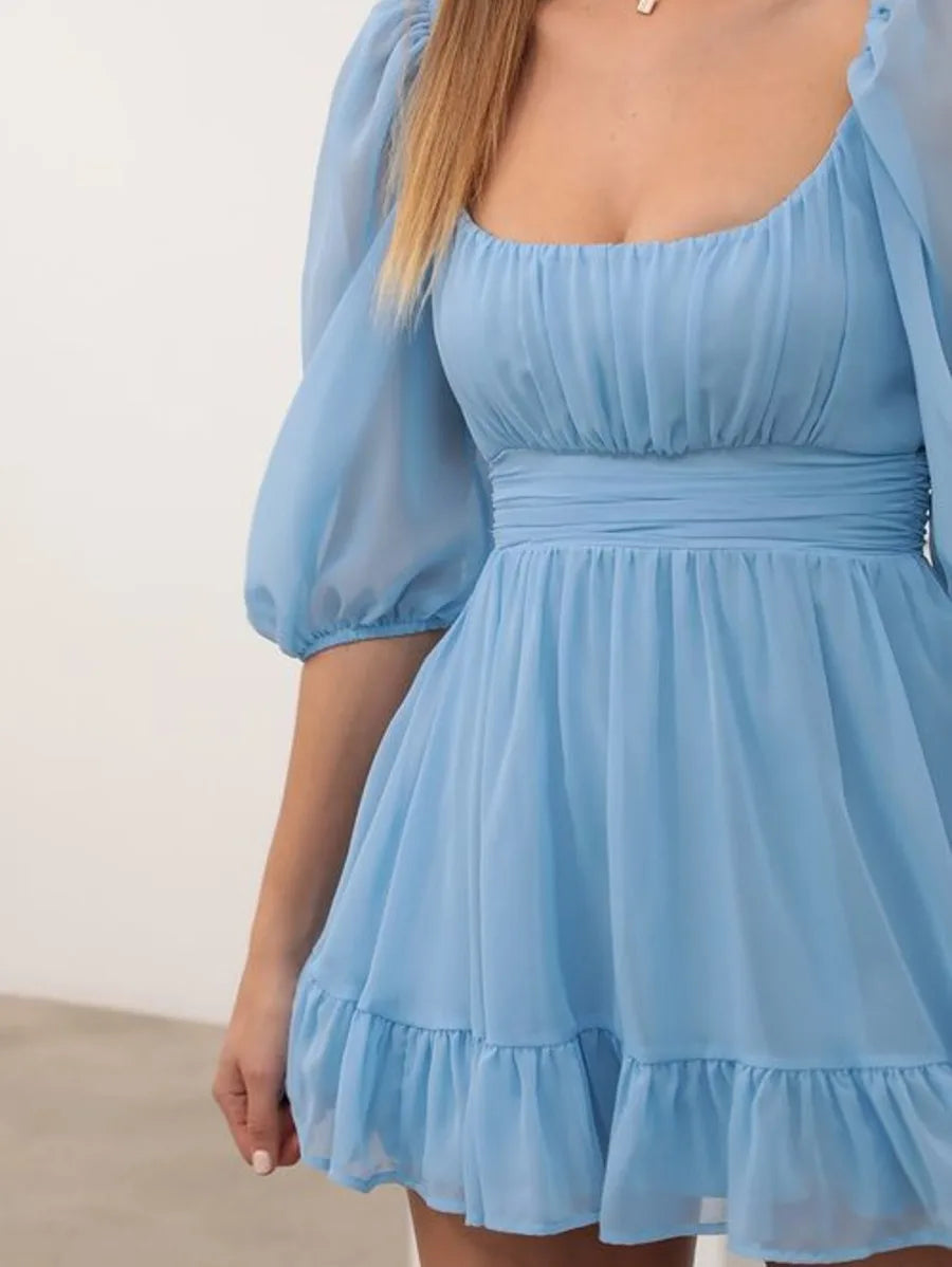 sky blue puffed sleeve  back tie up dress Periwinkley Shop
