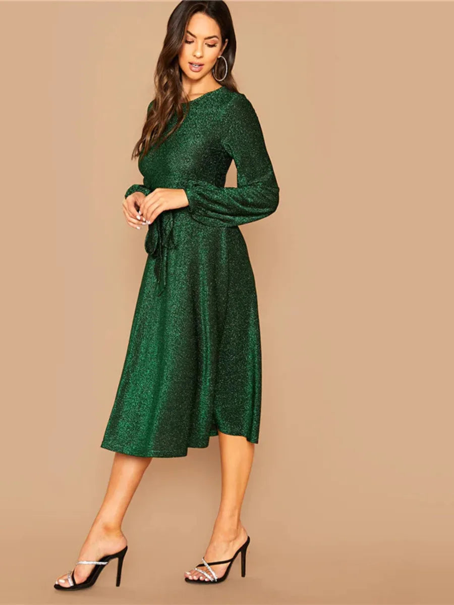 Self Belted Balloon Sleeve Glitter Midi Dress Periwinkley Shop