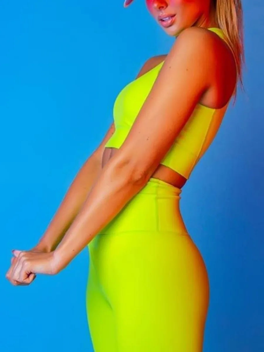 Green Neon Halter vest crop top and Leggings set Periwinkley Shop