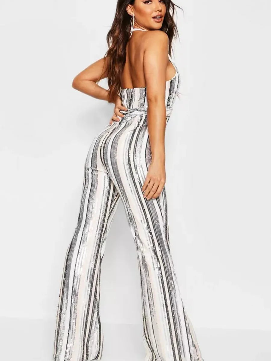 SEQUIN HALTERNECK PLUNGE FLARE JUMPSUIT Periwinkley Shop