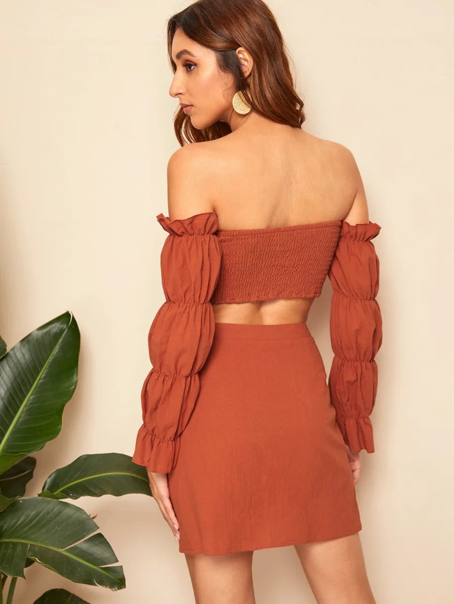 Off Shoulder Buttoned Gathered Sleeve Top & Skirt Set Periwinkley Shop