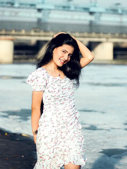 Ditsy Print Puff Sleeve Ruched Mini Mermaid Dress Periwinkley Shop