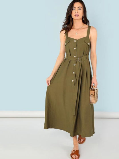 Button Embellished Self Belted Slit Dress Periwinkley Shop