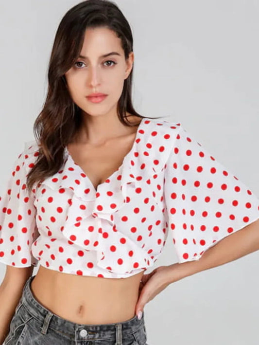 Surplice Neck Ruffle Trim Dot Blouse Periwinkley Shop