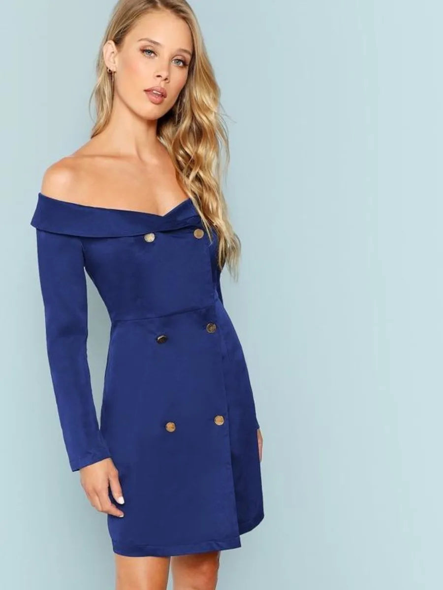 Double Breasted Collared Bardot Dress Periwinkley Shop