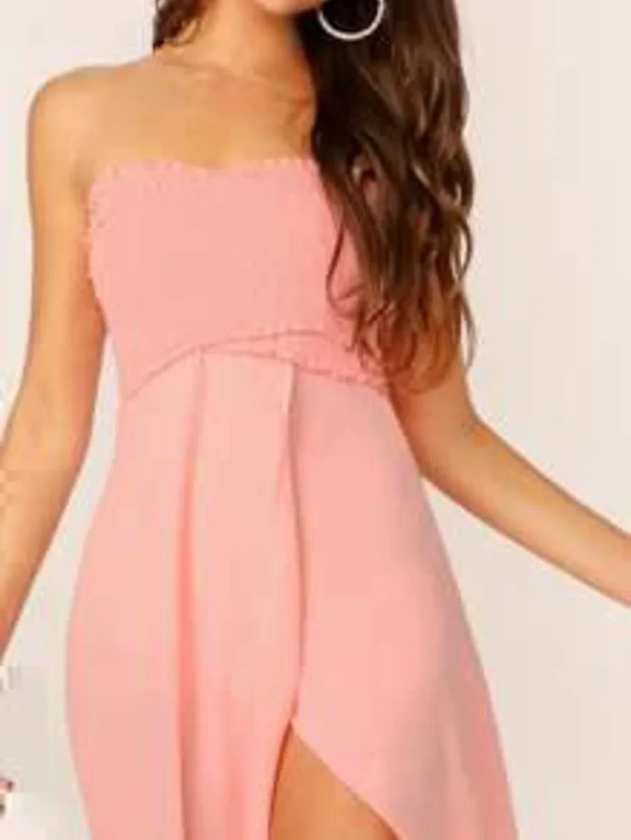 Frill Trim Smocked Split Hem Tube Dress Periwinkley Shop