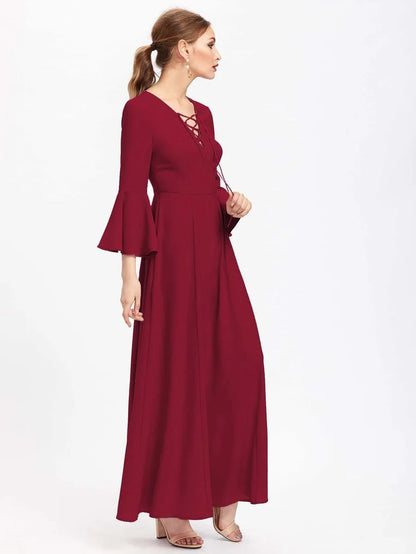 lace up front fluted sleeve hijab evening dress Periwinkley Shop