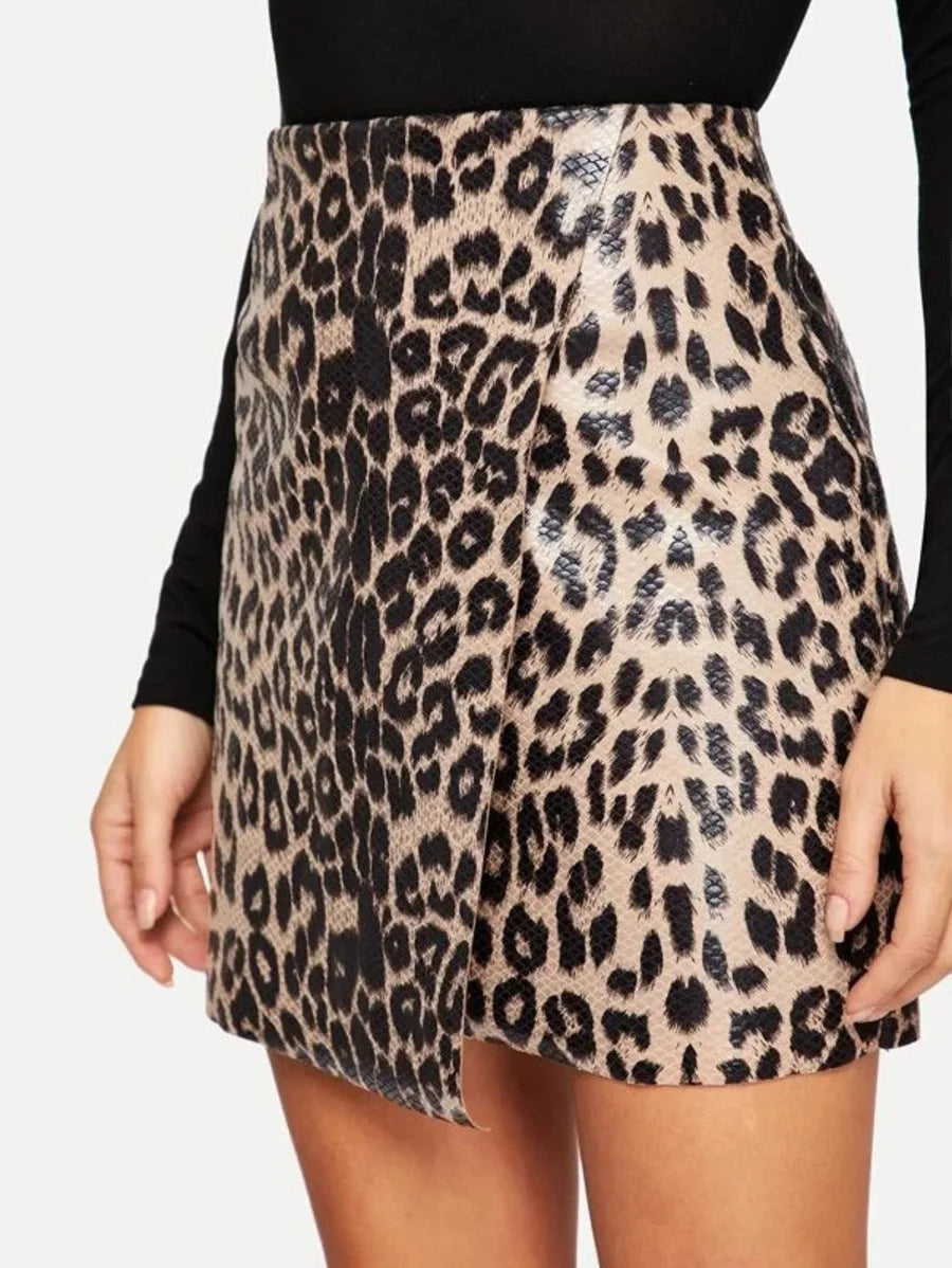 Leopard Print Wrap PU Skirt Periwinkley Shop