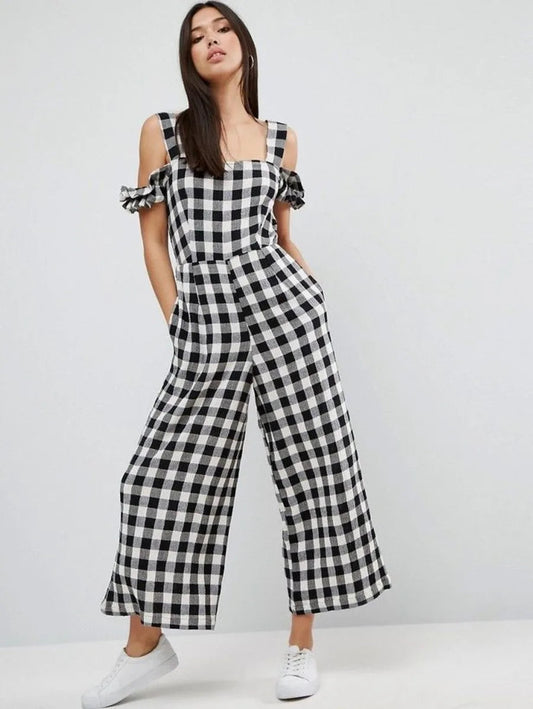 Jumpsuit in Gingham with Cold Shoulder Detail Periwinkley Shop