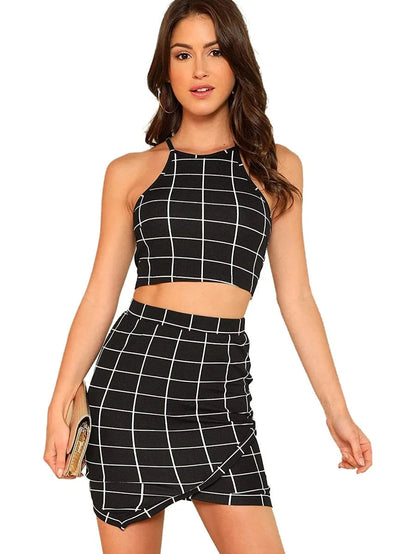 Plaid Crop Halte Two Pieces Bodycon Skirt and Top Set Periwinkley Shop