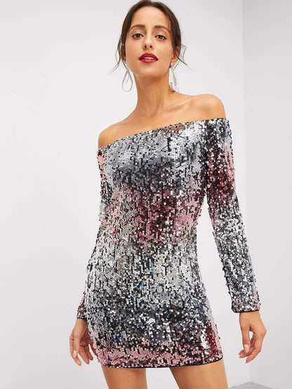 Long Sleeve Off Shoulder Ombre Sequin Dress Periwinkley Shop