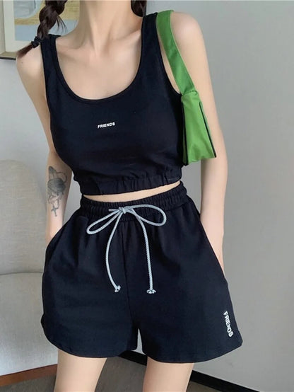Yedinas Sports Outfits Set Vest Crop Tops And Biker Shorts- Black Periwinkley Shop