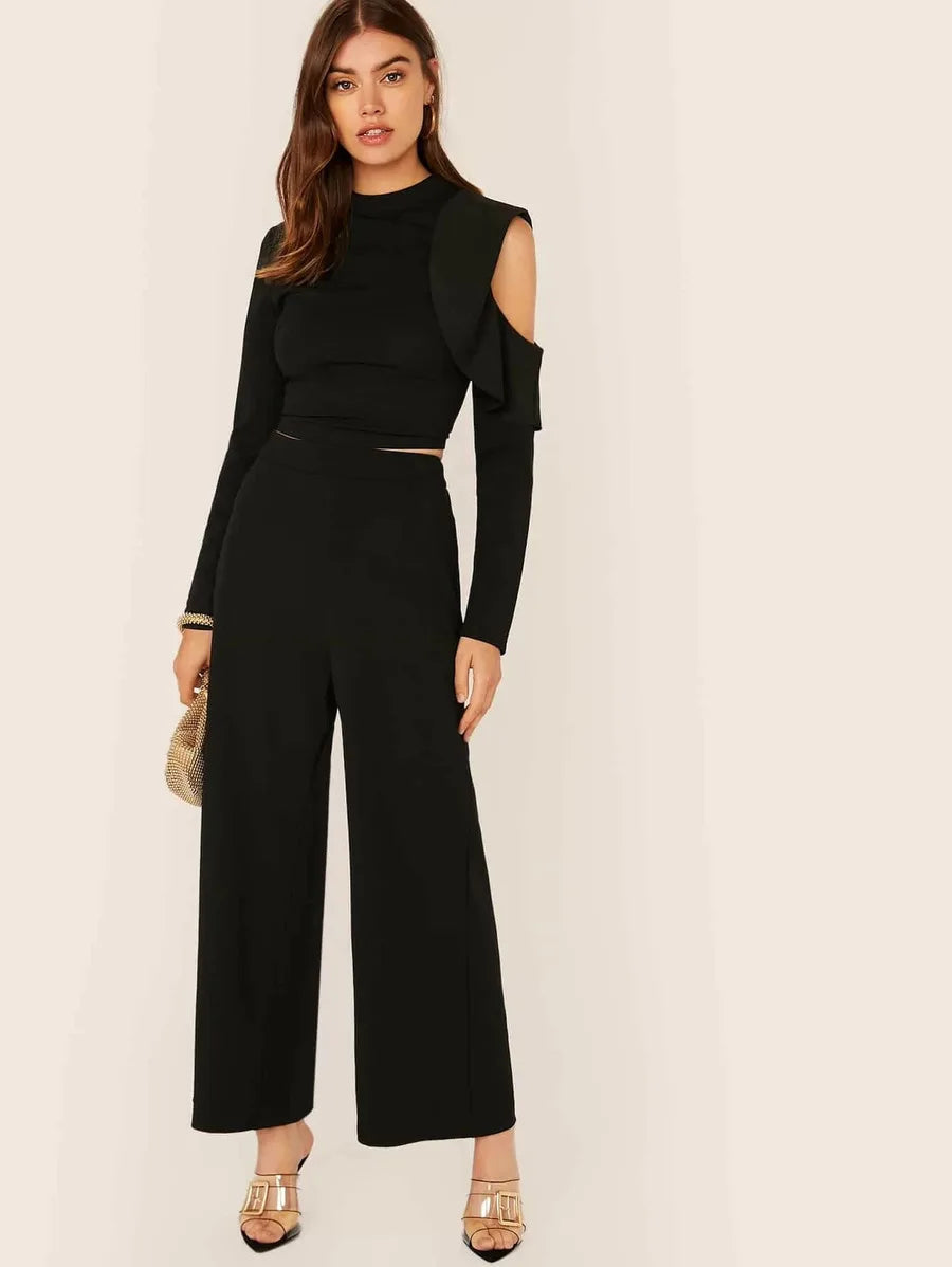 solid ruffle trim cut out top & wide leg pants Periwinkley Shop
