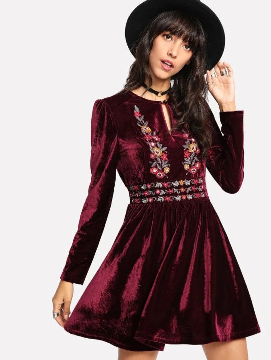 Buttoned Keyhole Front Embroidered Velvet Dress Periwinkley Shop