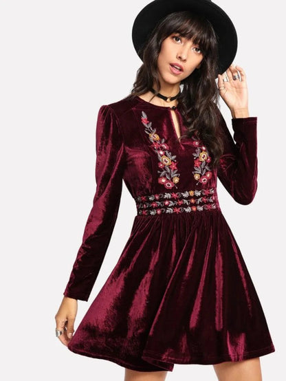 Buttoned Keyhole Front Embroidered Velvet Dress Periwinkley Shop