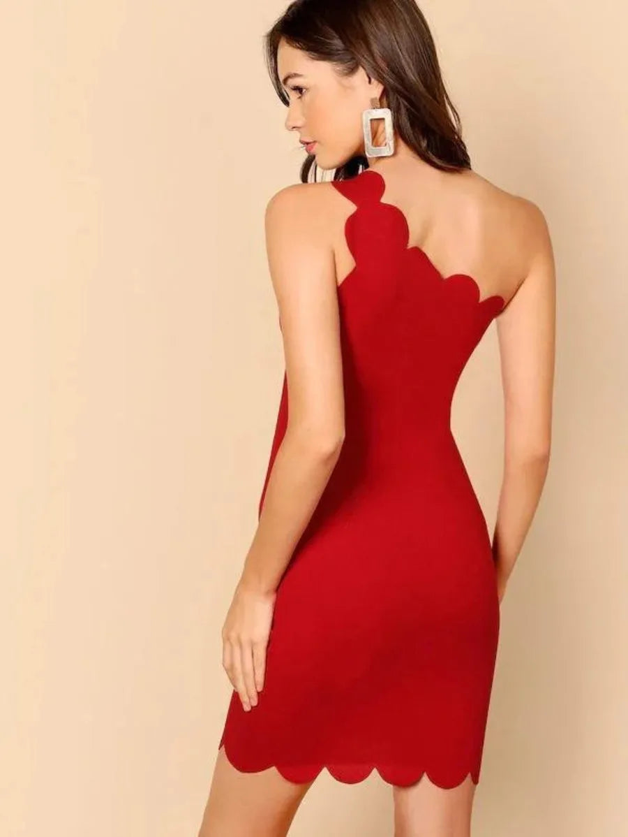 One Shoulder Scallop Trim Bodycon Dress Periwinkley Shop