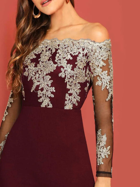 Off Shoulder Mesh Embroidered Jumpsuit Periwinkley Shop