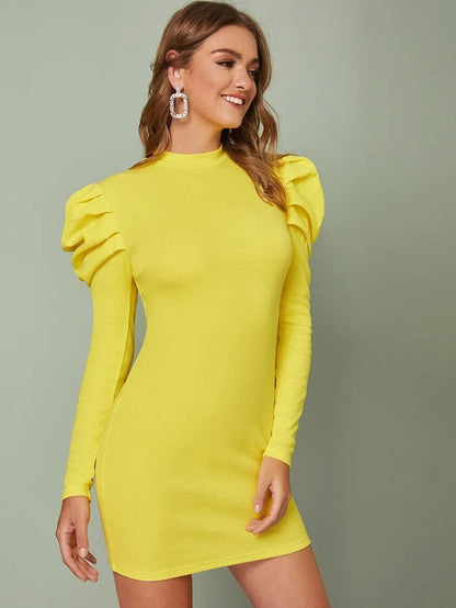 neon yellow mock neck puff sleeve bodycon dress Periwinkley Shop