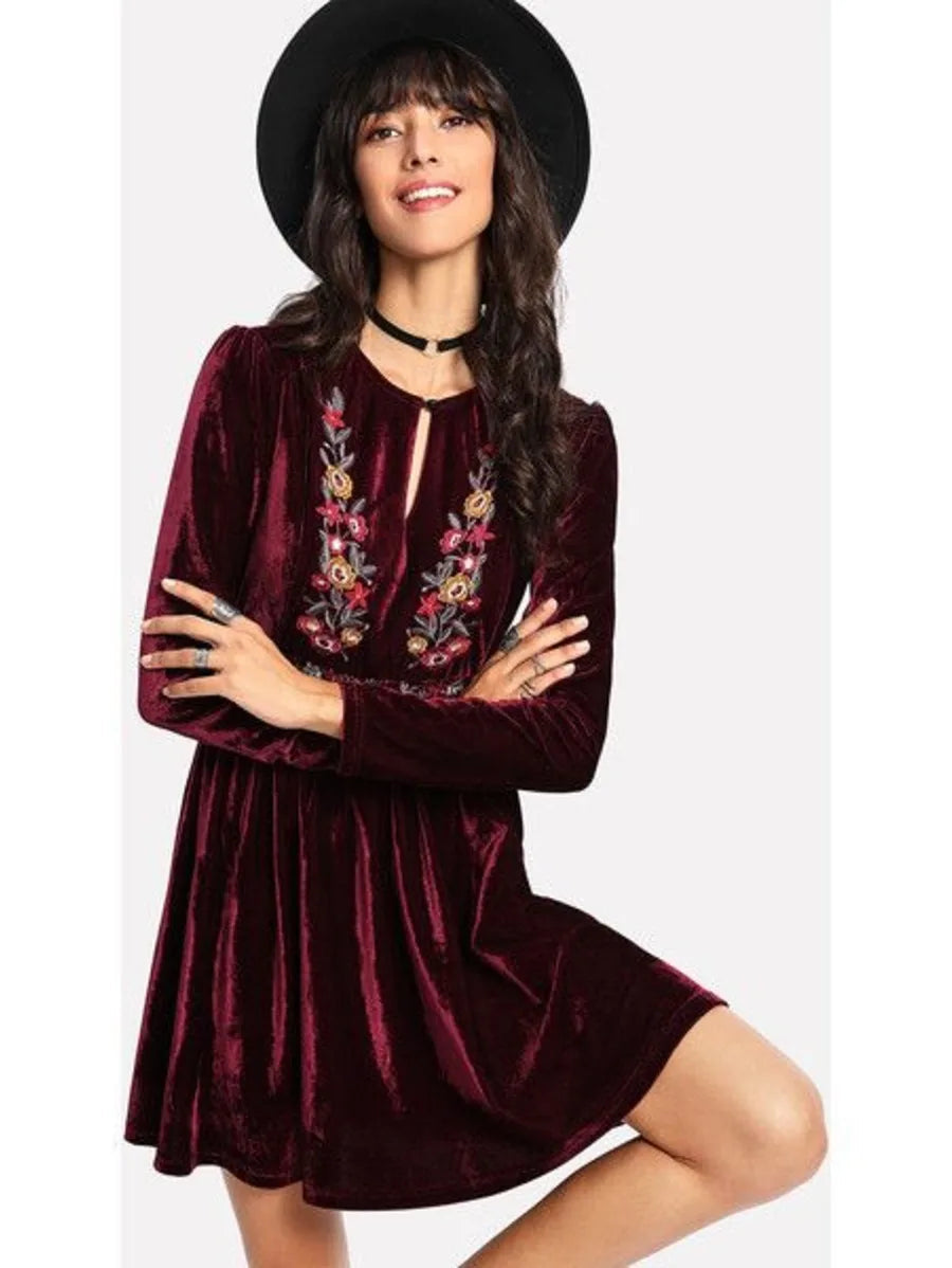 Buttoned Keyhole Front Embroidered Velvet Dress Periwinkley Shop