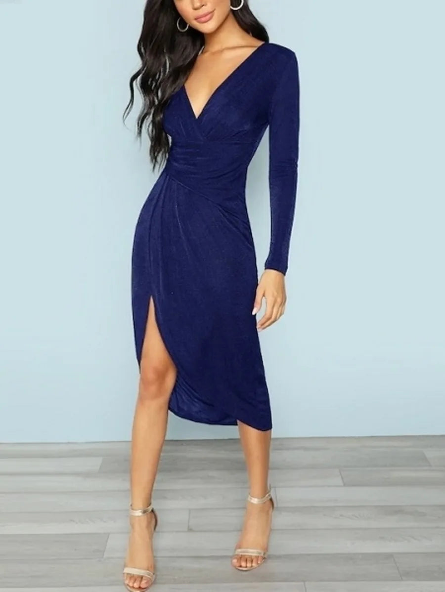 Thin Plunging Neck Wrap Split Front Dress Periwinkley Shop