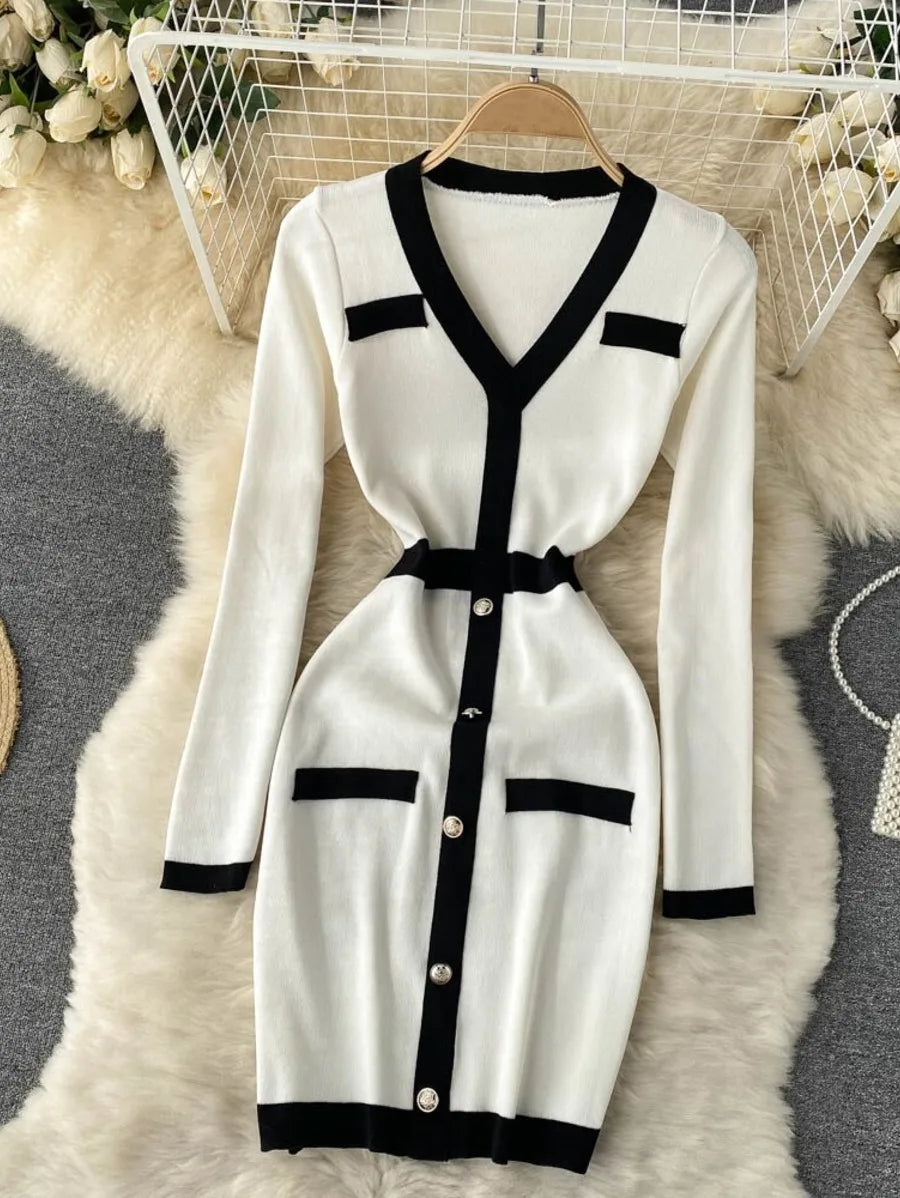 gold button detail contrast trim pencil dress Periwinkley Shop