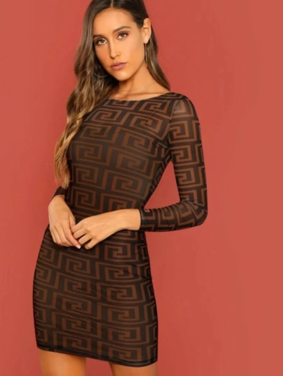 greek key print sheer bodycon dress Periwinkley Shop