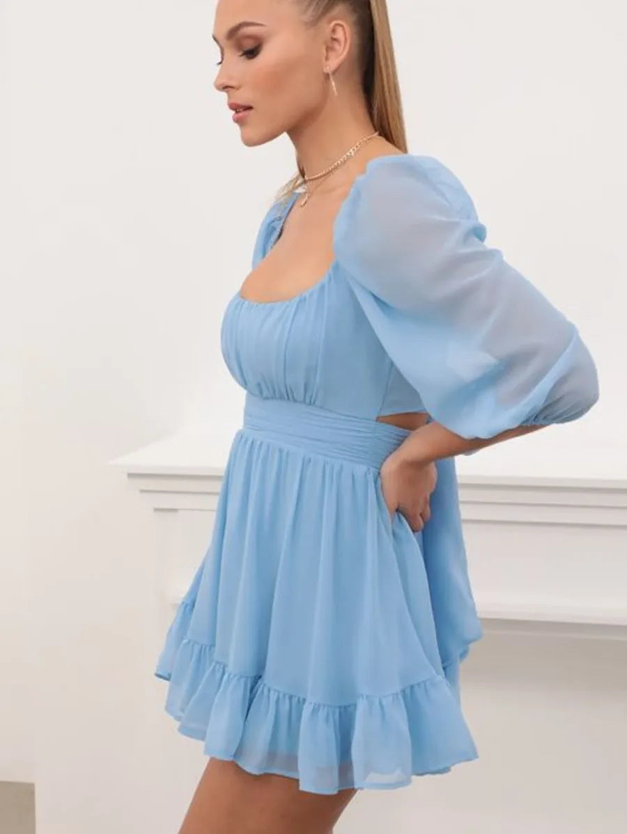 sky blue puffed sleeve  back tie up dress Periwinkley Shop